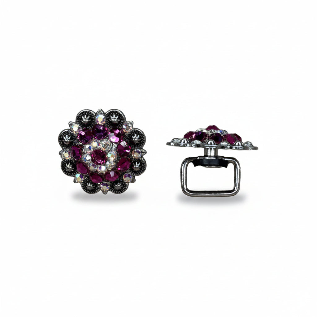 Antique Silver Fuchsia - AB Crystal Conchos | Sizes 1"- 3" | Buckles | Saddle Set | Leather Rosettes | Slide — view 14