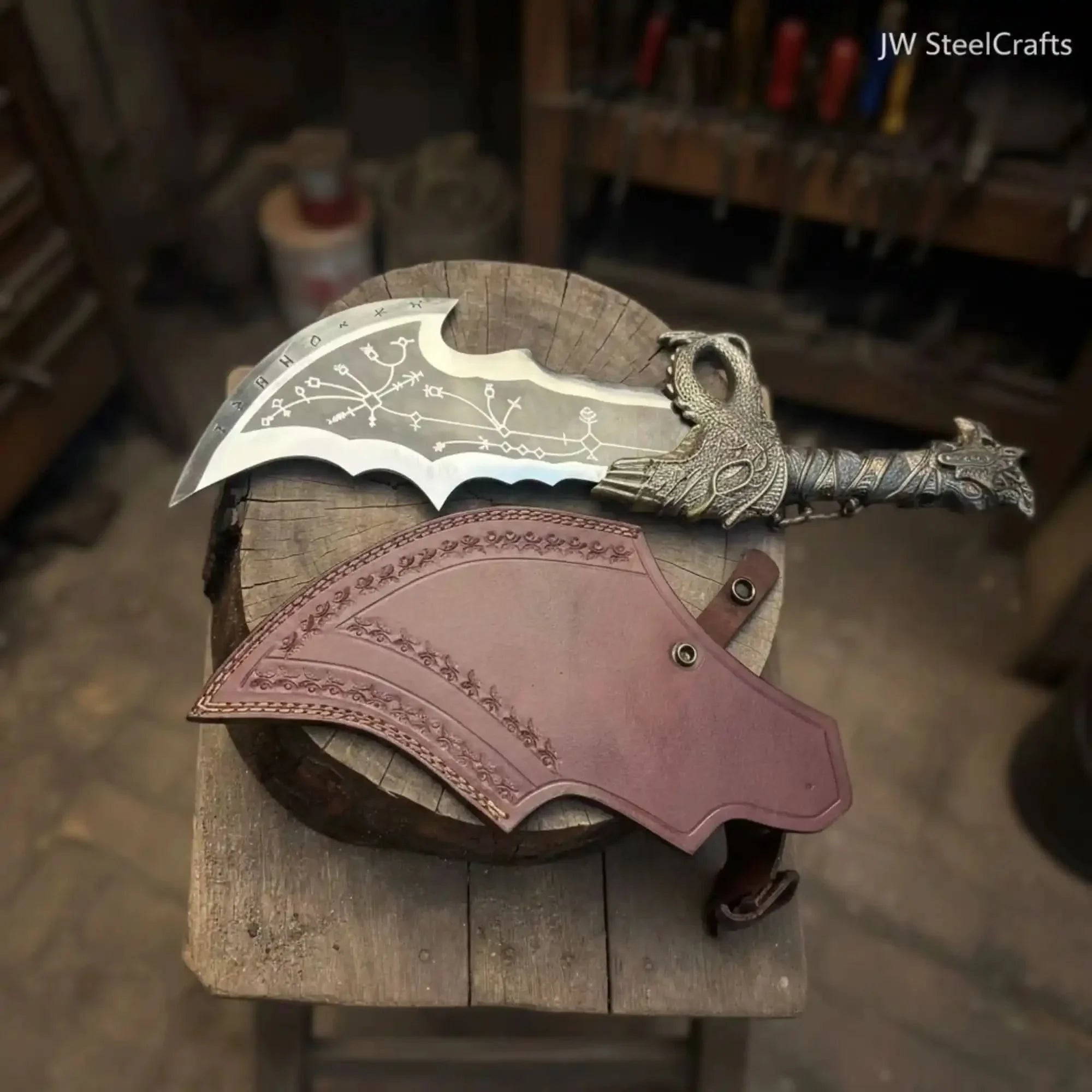 Blades of Chaos Replica Inspired Crescent Blade With Leather Sheath