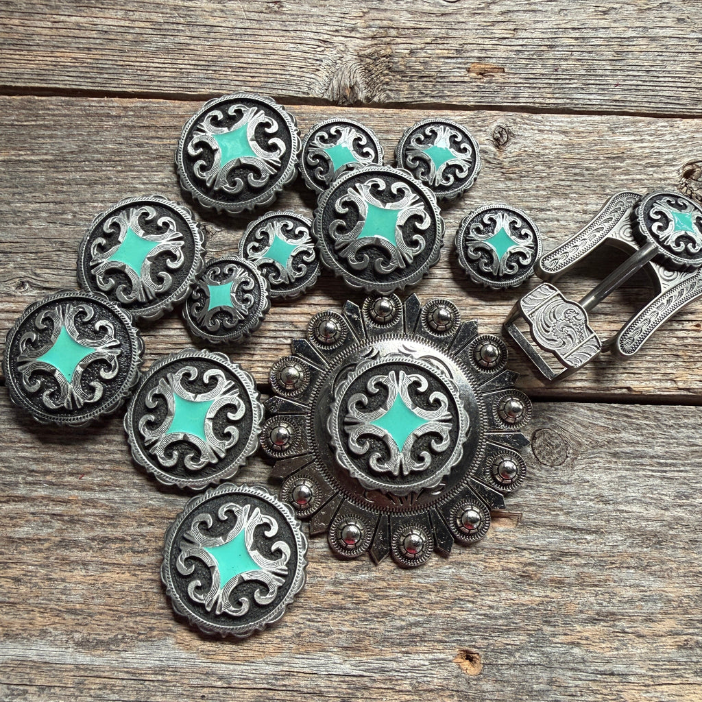Turquoise Diamond Antique Silver Western Concho W148