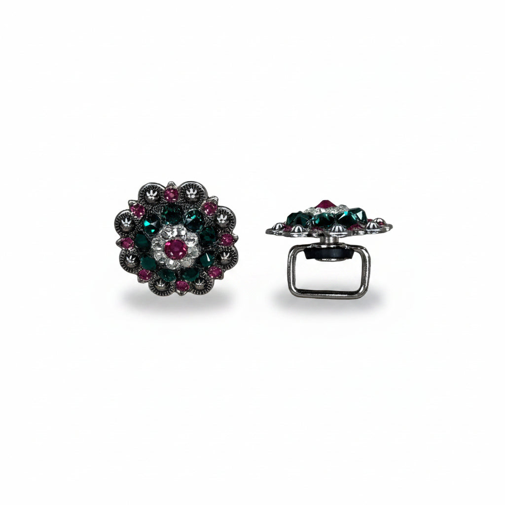 Antique Silver Fuchsia - Clear - Emerald Crystal Conchos | Sizes 1"- 3" | Buckles | Saddle Set | Leather Rosettes | Slide