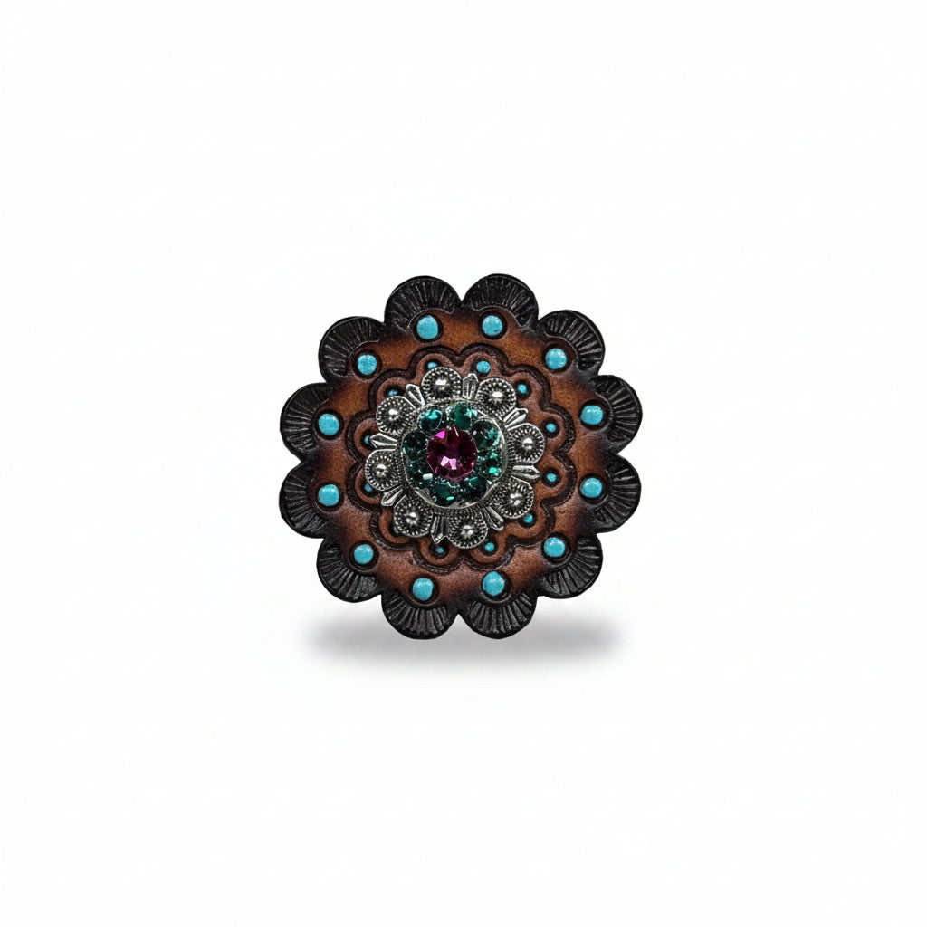 Antique Silver Fuchsia - Clear - Emerald Crystal Conchos | Sizes 1"- 3" | Buckles | Saddle Set | Leather Rosettes | Slide