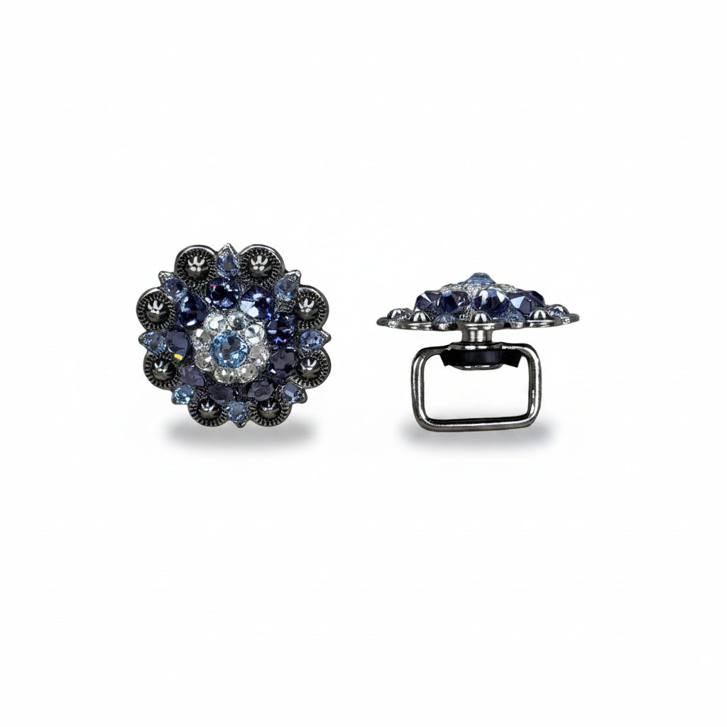 Antique Silver Light Sapphire - Clear - Lilac Crystal Conchos | Sizes 1"- 3" | Buckles | Saddle Set | Leather Rosettes