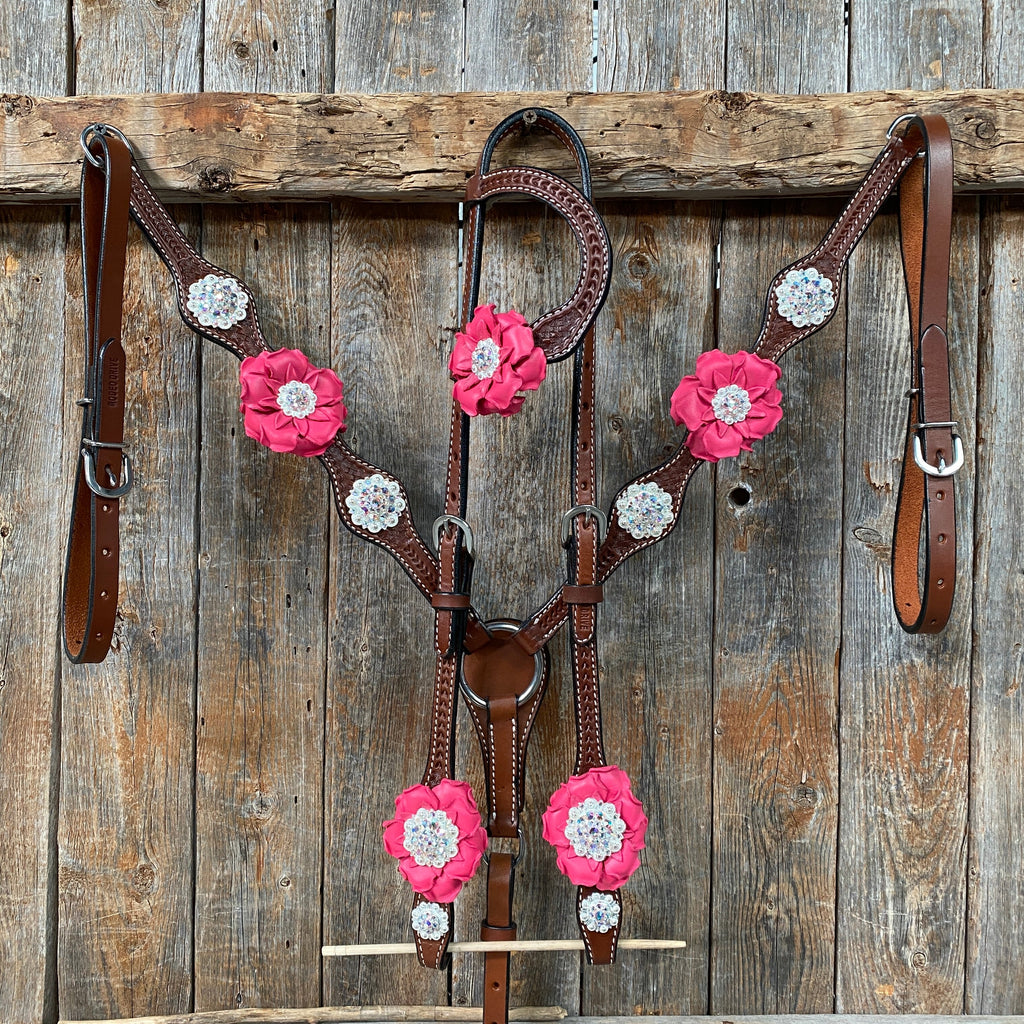Medium Oil Basketweave Pink & AB One Ear Tack Set #OEBC591