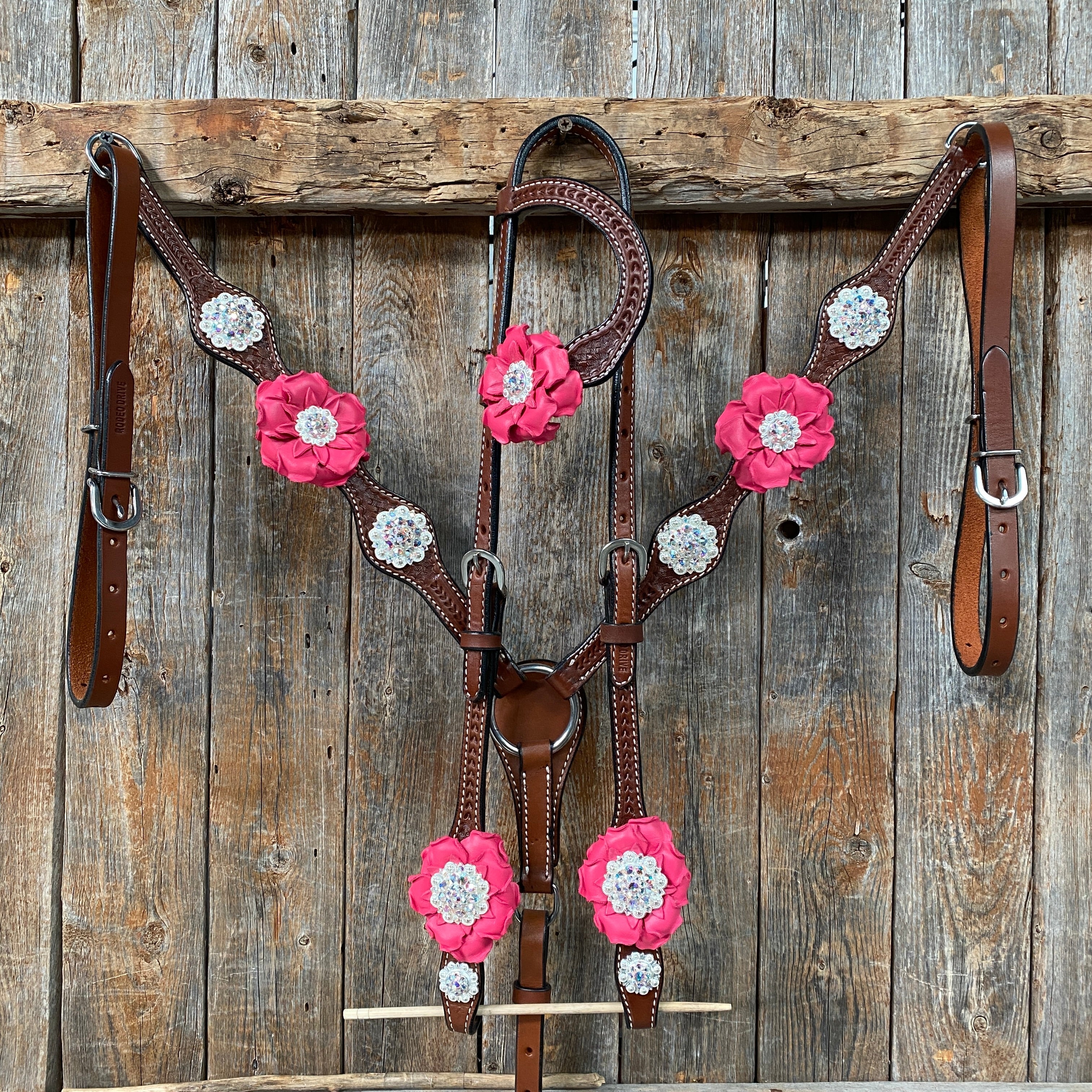 Medium Oil Basketweave Pink & AB One Ear Tack Set #OEBC591