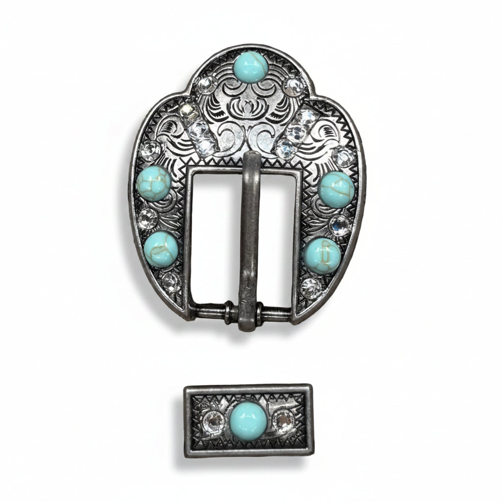 Antique Silver Turquoise - Clear Crystal Conchos | Sizes 1"- 3" | Buckles | Saddle Set | Leather Rosettes | Slide — view 9