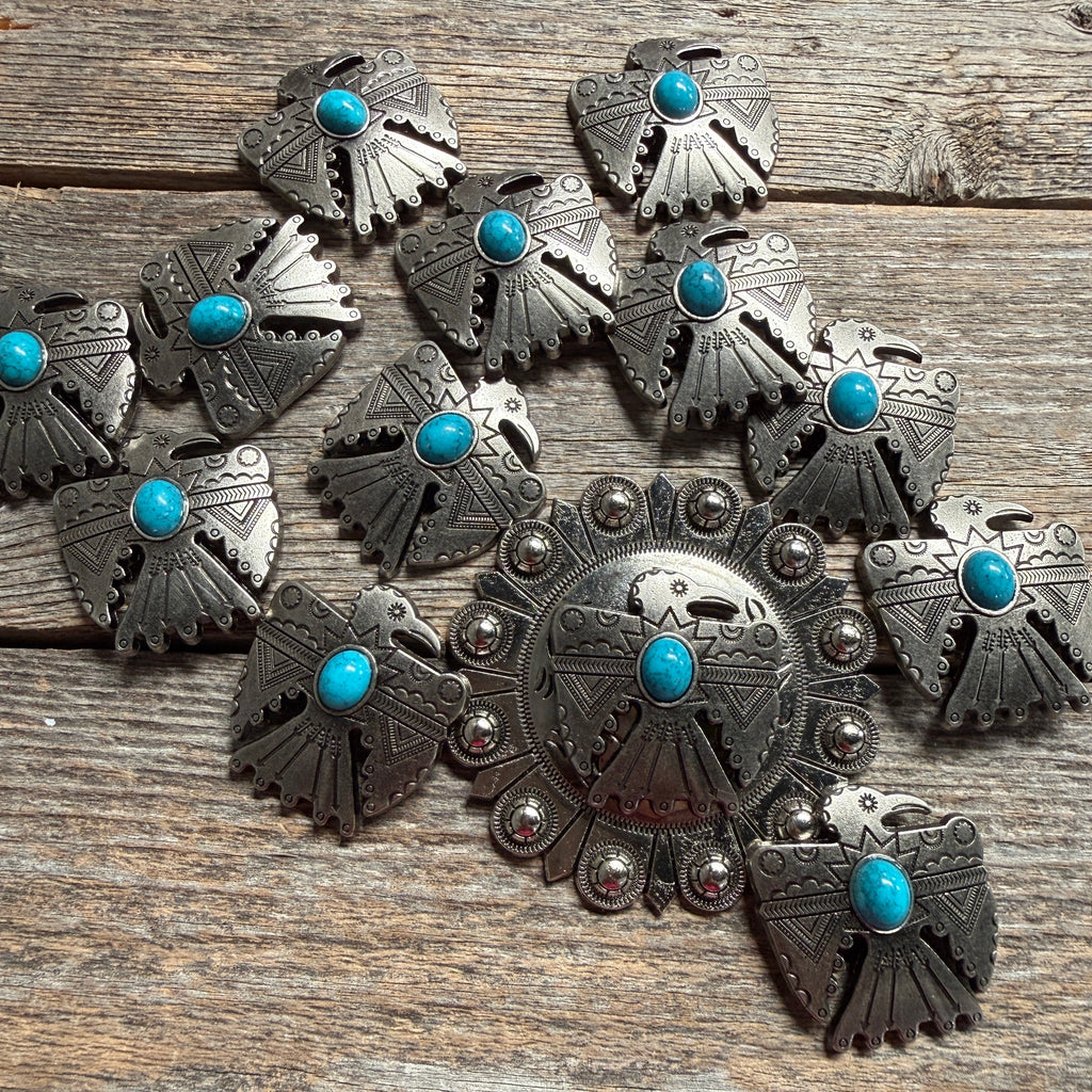 Antique Silver Turquoise Thunderbird Concho W181