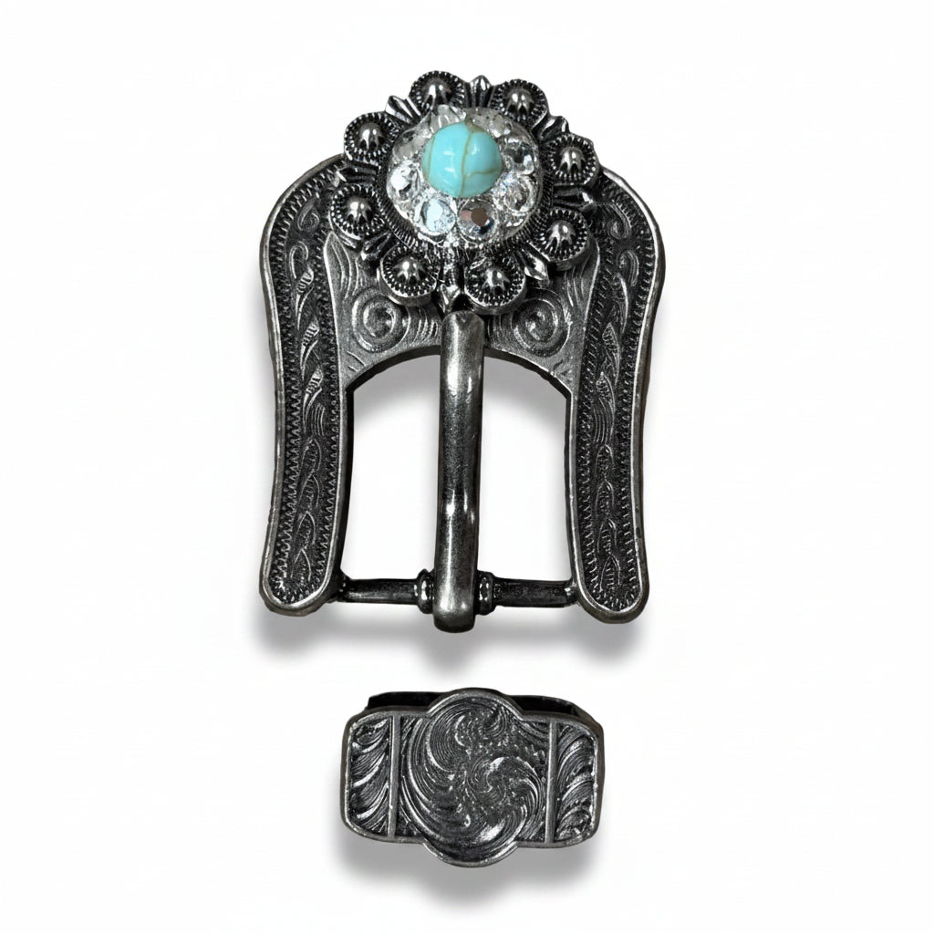 Antique Silver Turquoise - Clear Crystal Conchos | Sizes 1"- 3" | Buckles | Saddle Set | Leather Rosettes | Slide — view 7