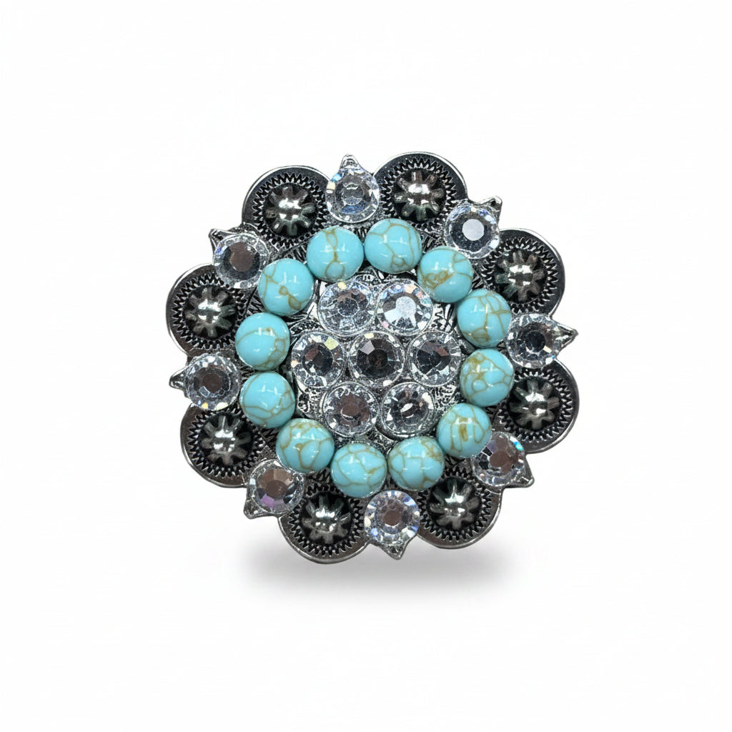 Antique Silver Turquoise - Clear Crystal Conchos | Sizes 1"- 3" | Buckles | Saddle Set | Leather Rosettes | Slide — view 5