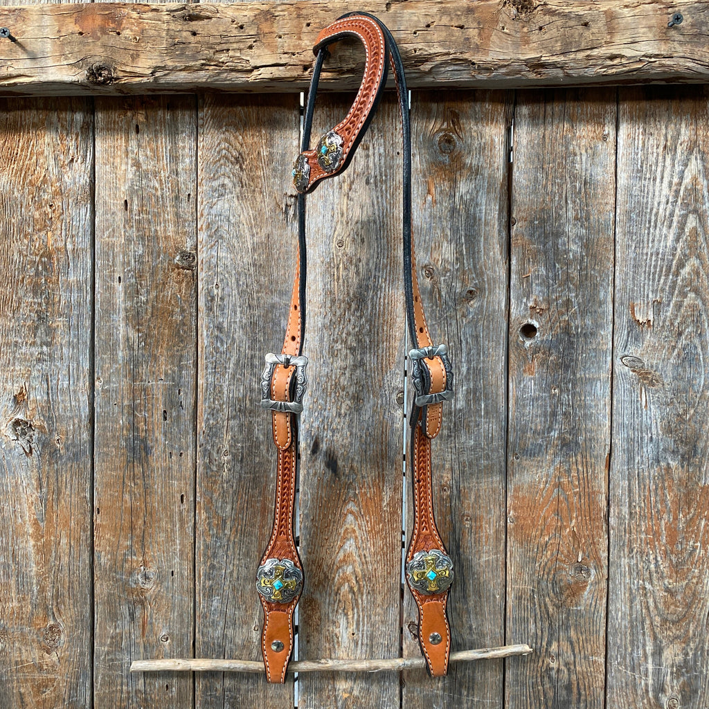 Light Oil Basketweave Turquoise and Cross One Ear Tack Set #OEBC659 — view 2