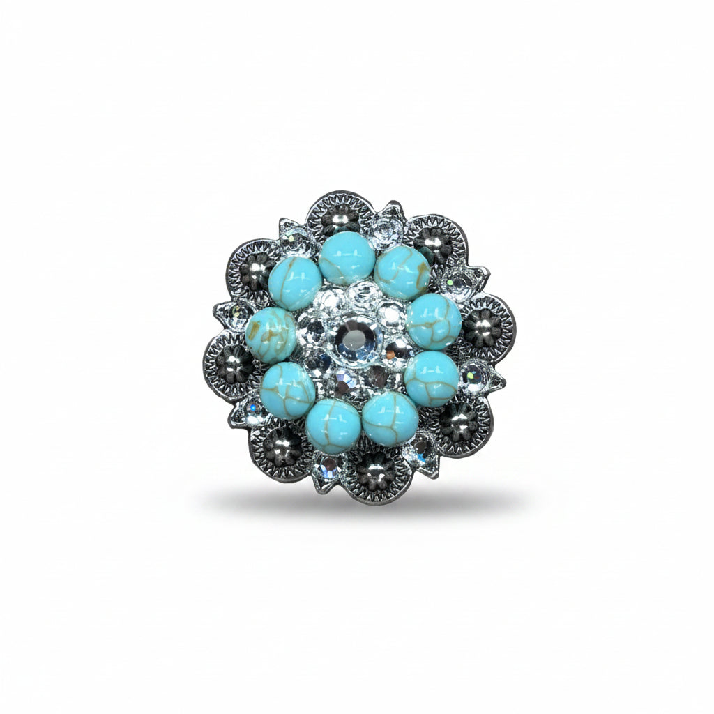 Antique Silver Turquoise - Clear Crystal Conchos | Sizes 1"- 3" | Buckles | Saddle Set | Leather Rosettes | Slide — view 2