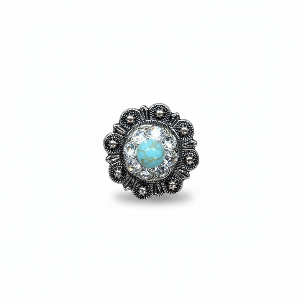 Antique Silver Turquoise - Clear Crystal Conchos | Sizes 1"- 3" | Buckles | Saddle Set | Leather Rosettes | Slide — view 3
