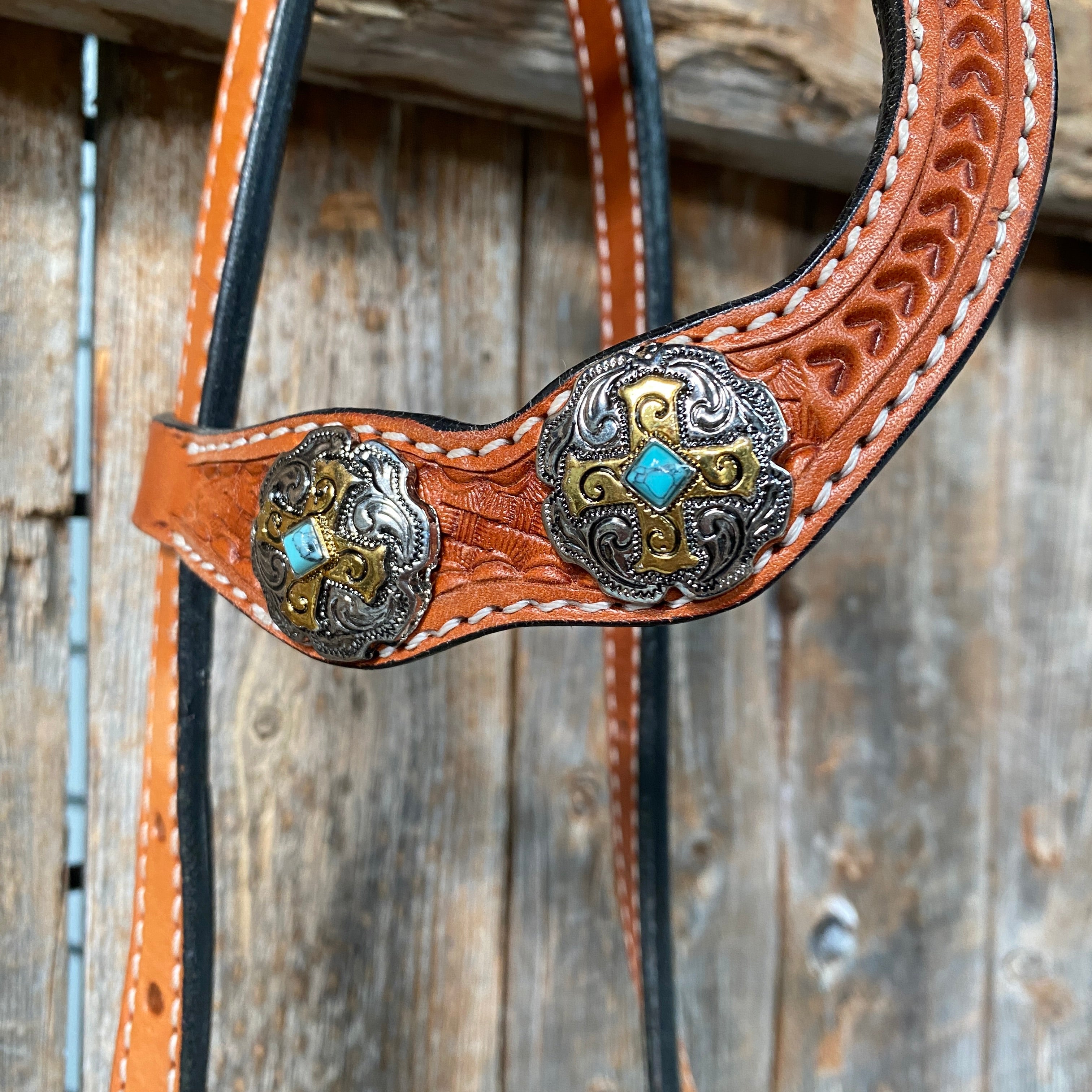 Light Oil Basketweave Turquoise and Cross One Ear Tack Set #OEBC659 — view 4