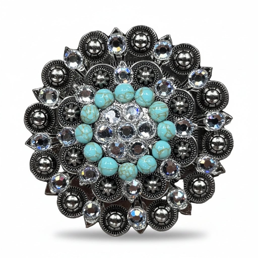Antique Silver Turquoise - Clear Crystal Conchos | Sizes 1"- 3" | Buckles | Saddle Set | Leather Rosettes | Slide — view 6