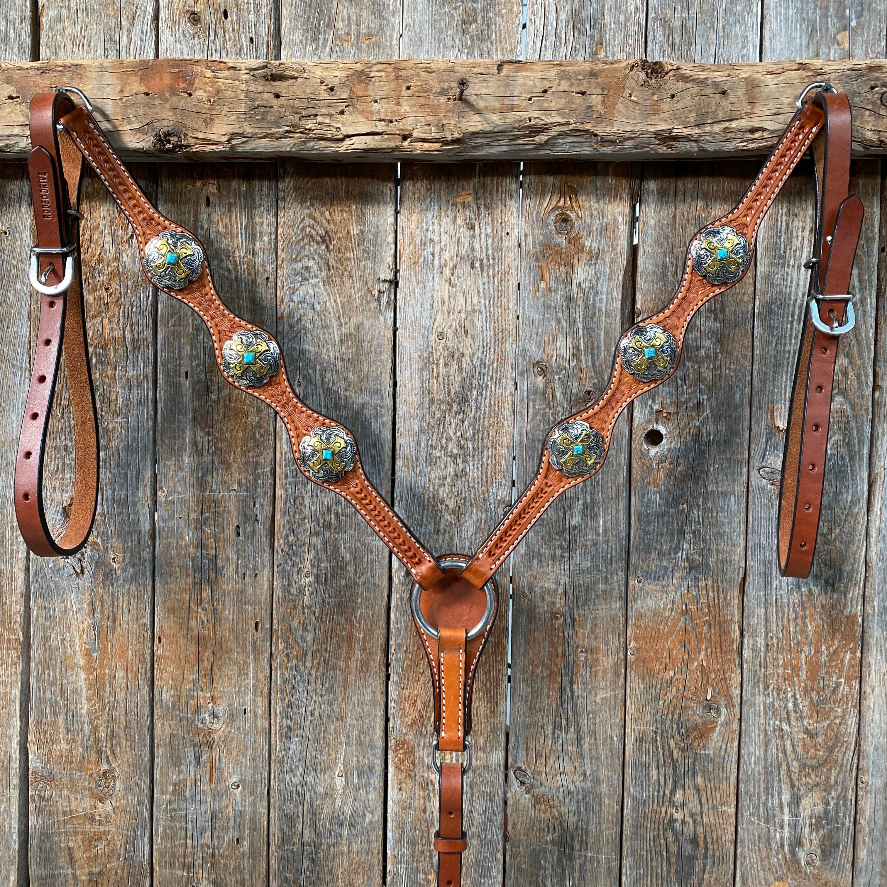 Light Oil Basketweave Turquoise and Cross One Ear Tack Set #OEBC659 — view 6
