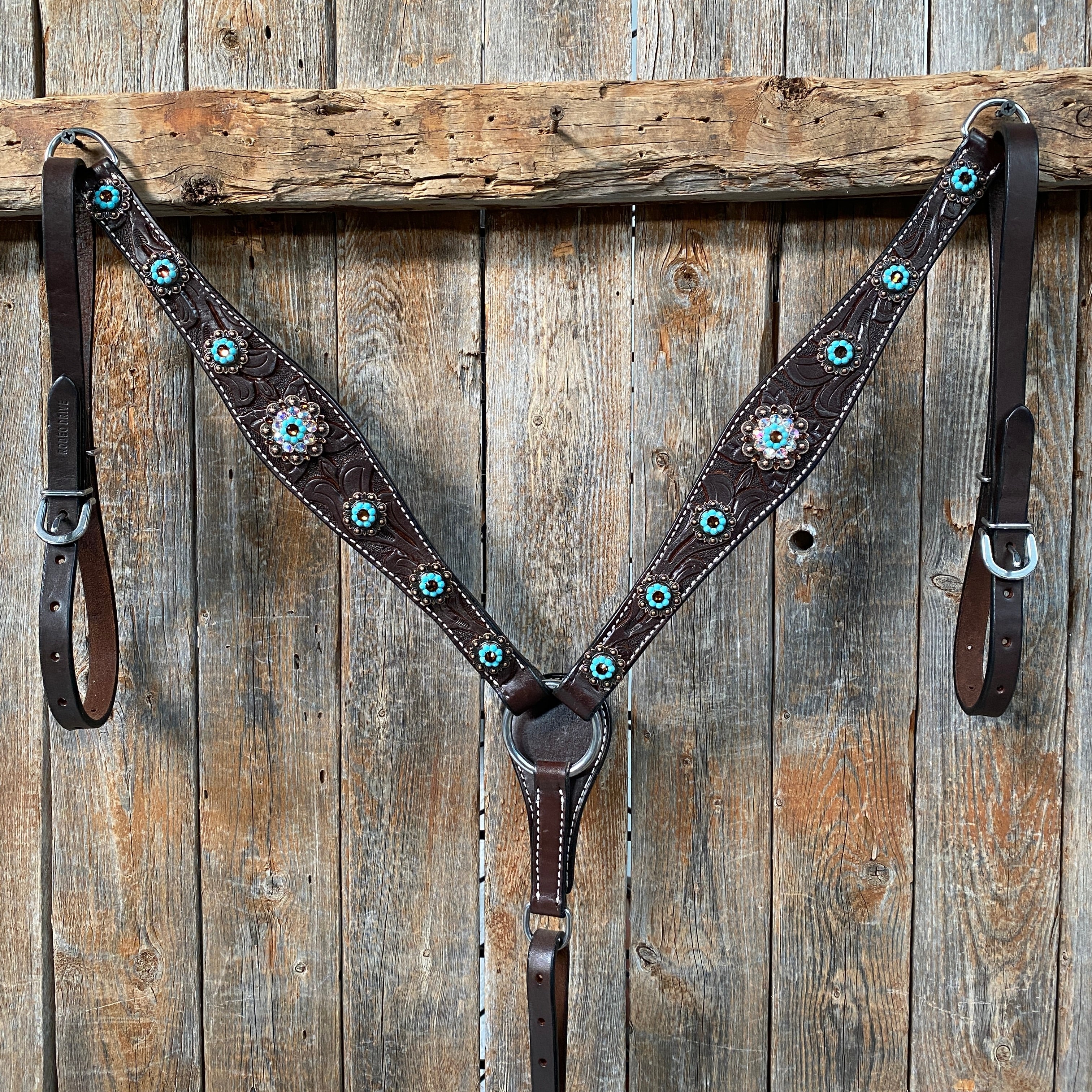 Dark Oil Floral Topaz & Turquoise Browband / Breastcollar Tack Set #BBBC592 — view 7