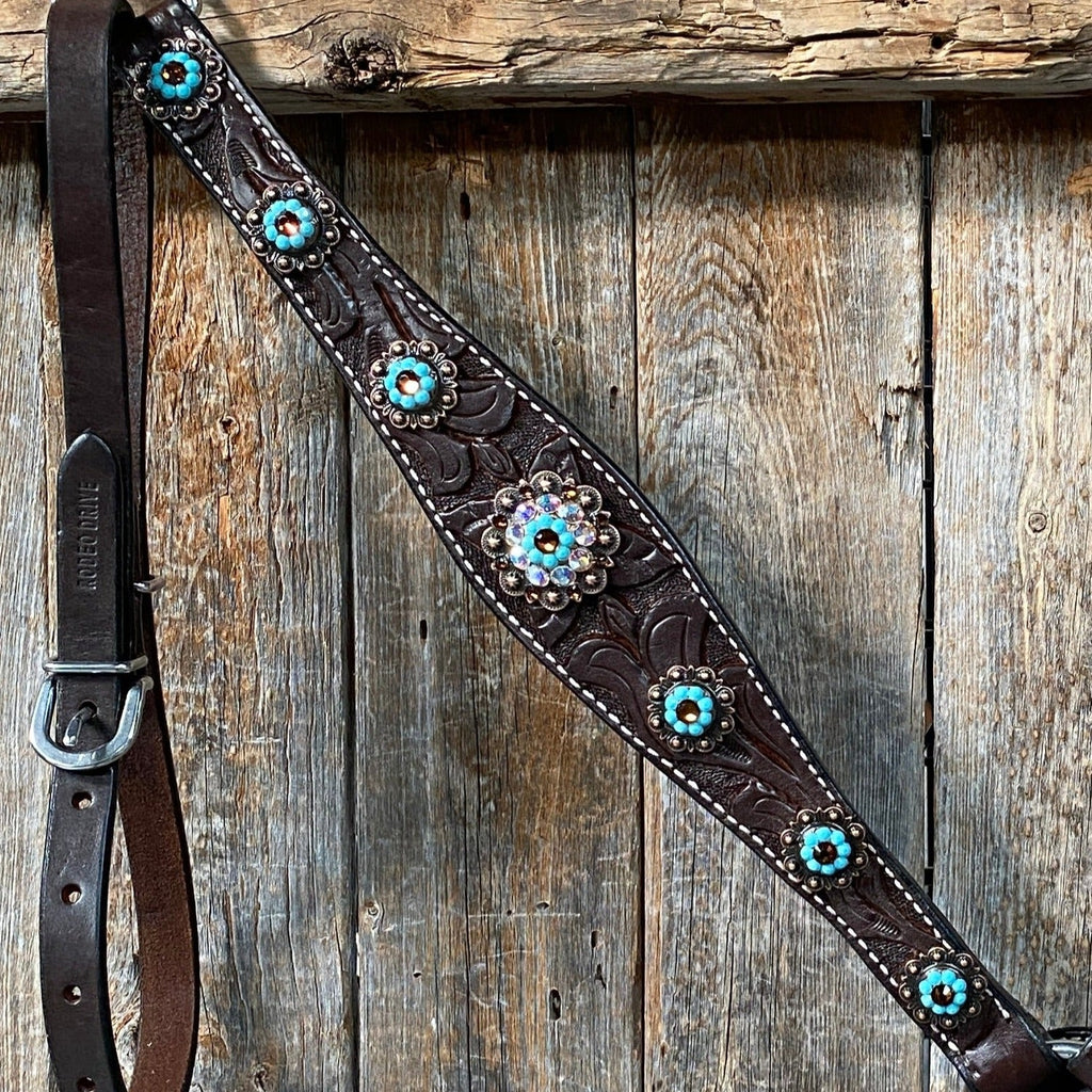 Dark Oil Floral Topaz & Turquoise Browband / Breastcollar Tack Set #BBBC592 — view 8