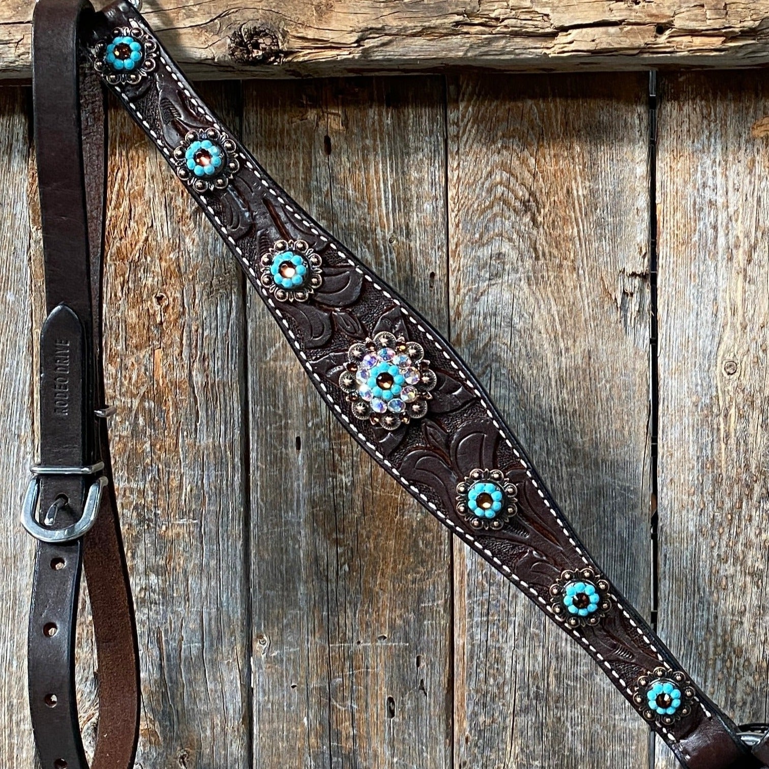 Dark Oil Floral Topaz & Turquoise Browband / Breastcollar Tack Set #BBBC592 — view 8