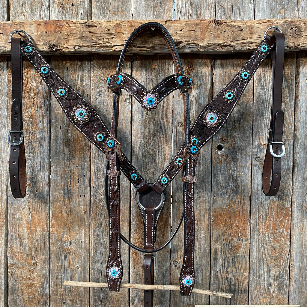 Dark Oil Floral Topaz & Turquoise Browband / Breastcollar Tack Set #BBBC592