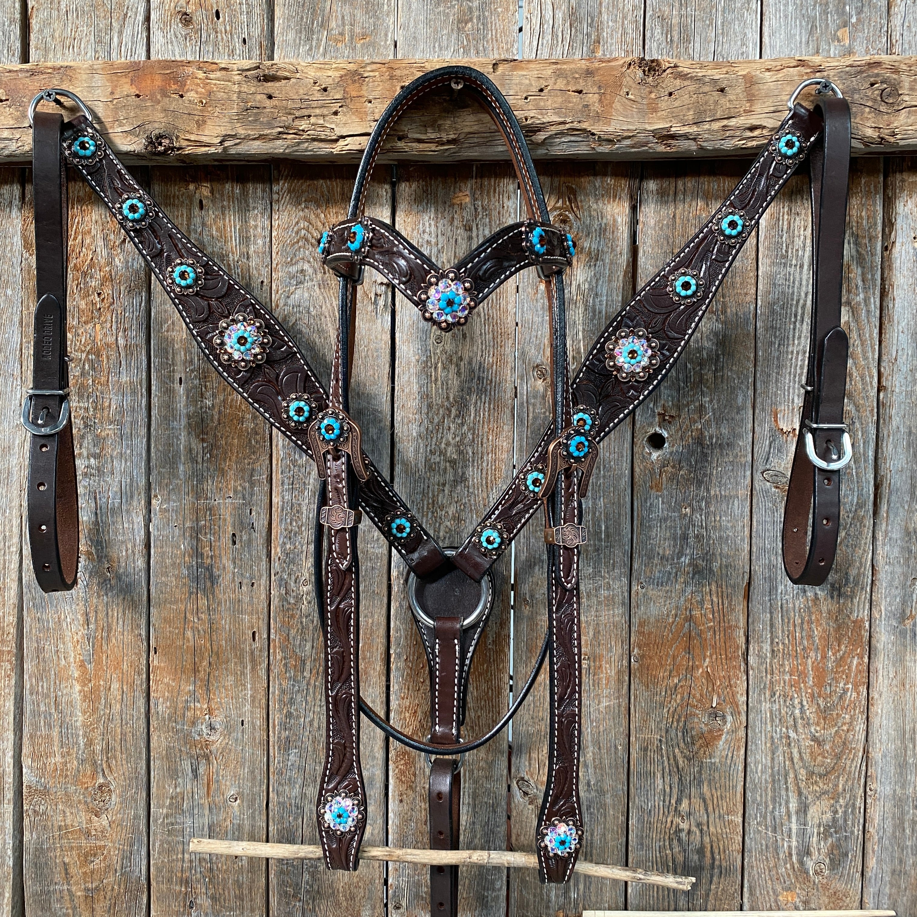 Dark Oil Floral Topaz & Turquoise Browband / Breastcollar Tack Set #BBBC592