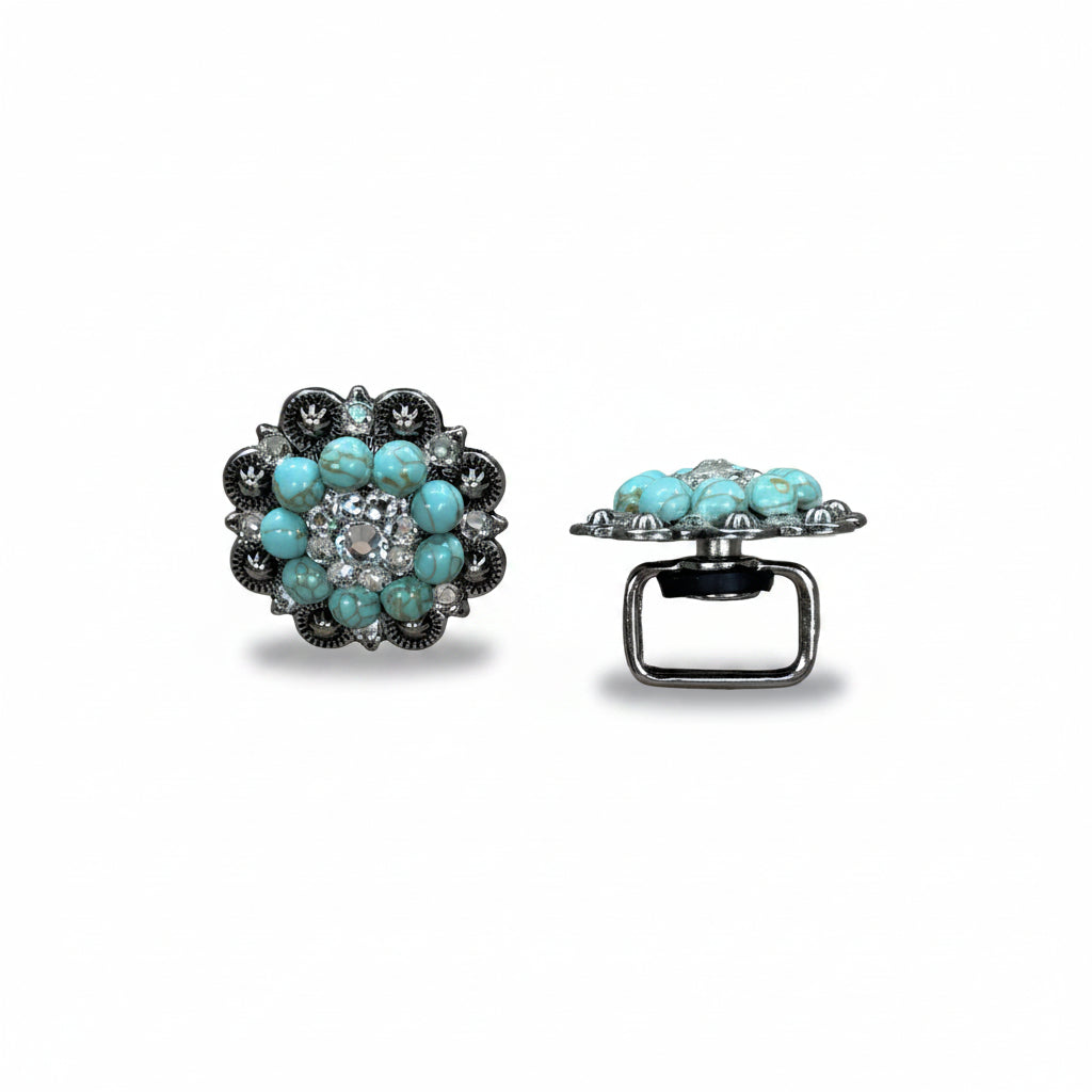 Antique Silver Turquoise - Clear Crystal Conchos | Sizes 1"- 3" | Buckles | Saddle Set | Leather Rosettes | Slide — view 14
