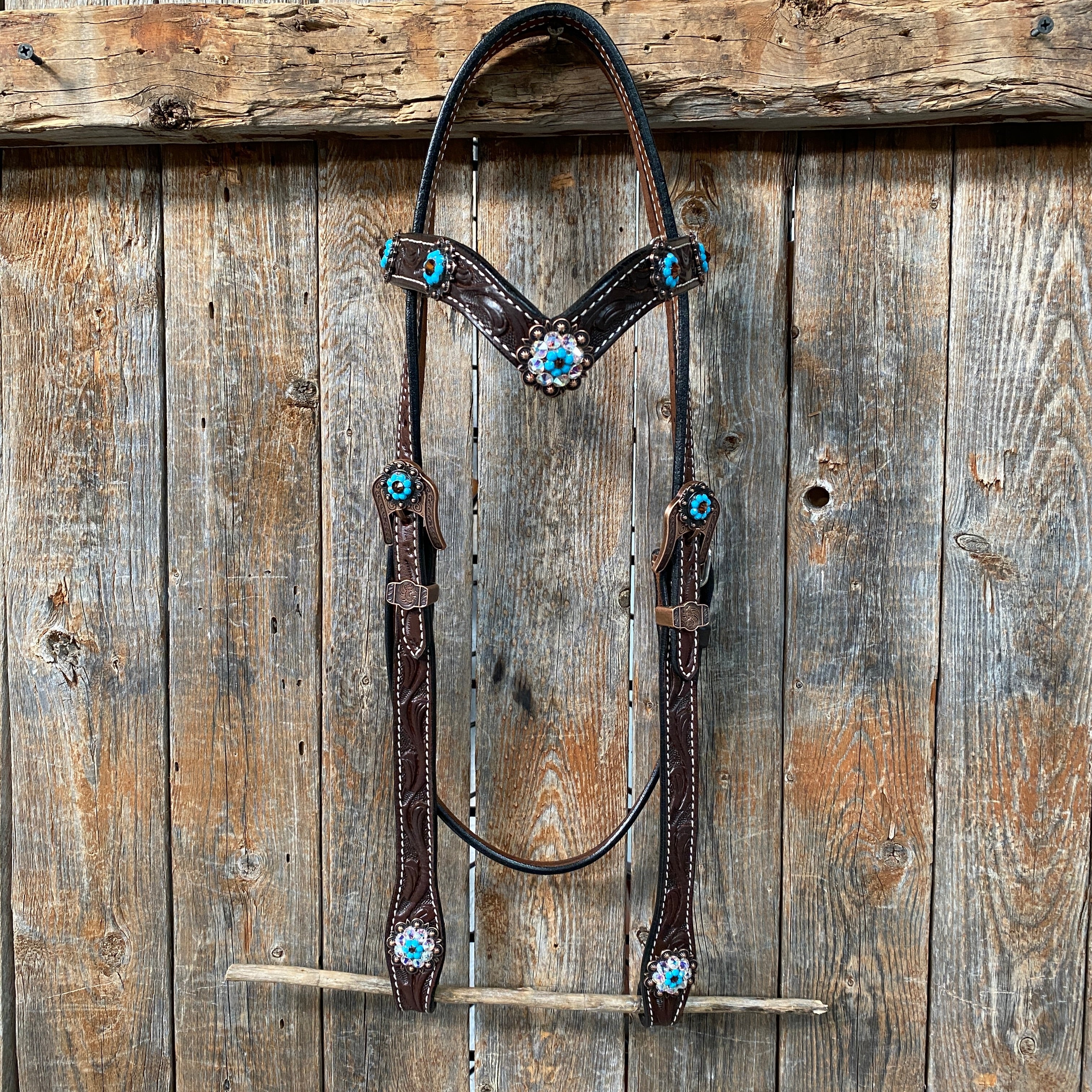 Dark Oil Floral Topaz & Turquoise Browband / Breastcollar Tack Set #BBBC592 — view 2