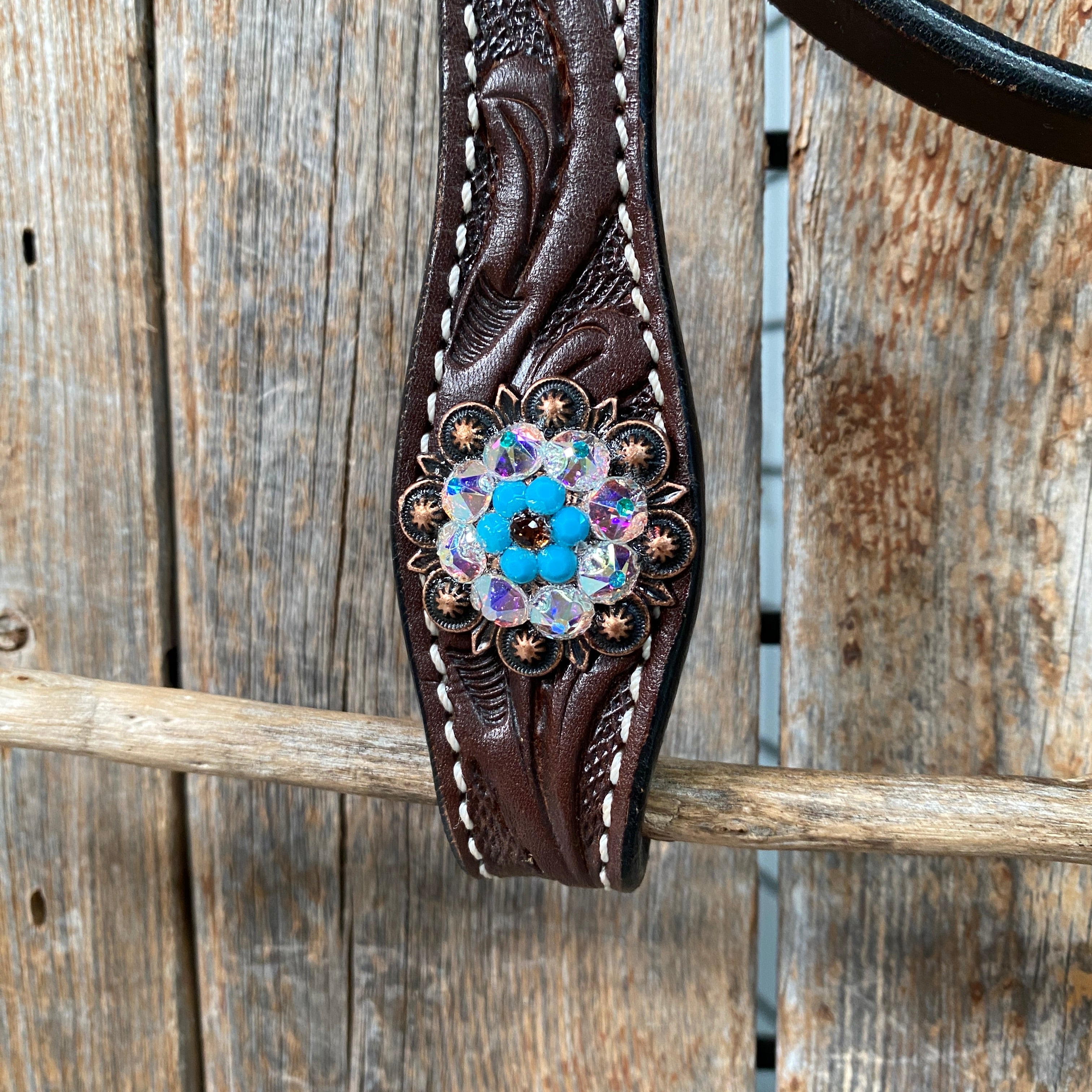 Dark Oil Floral Topaz & Turquoise Browband / Breastcollar Tack Set #BBBC592 — view 6