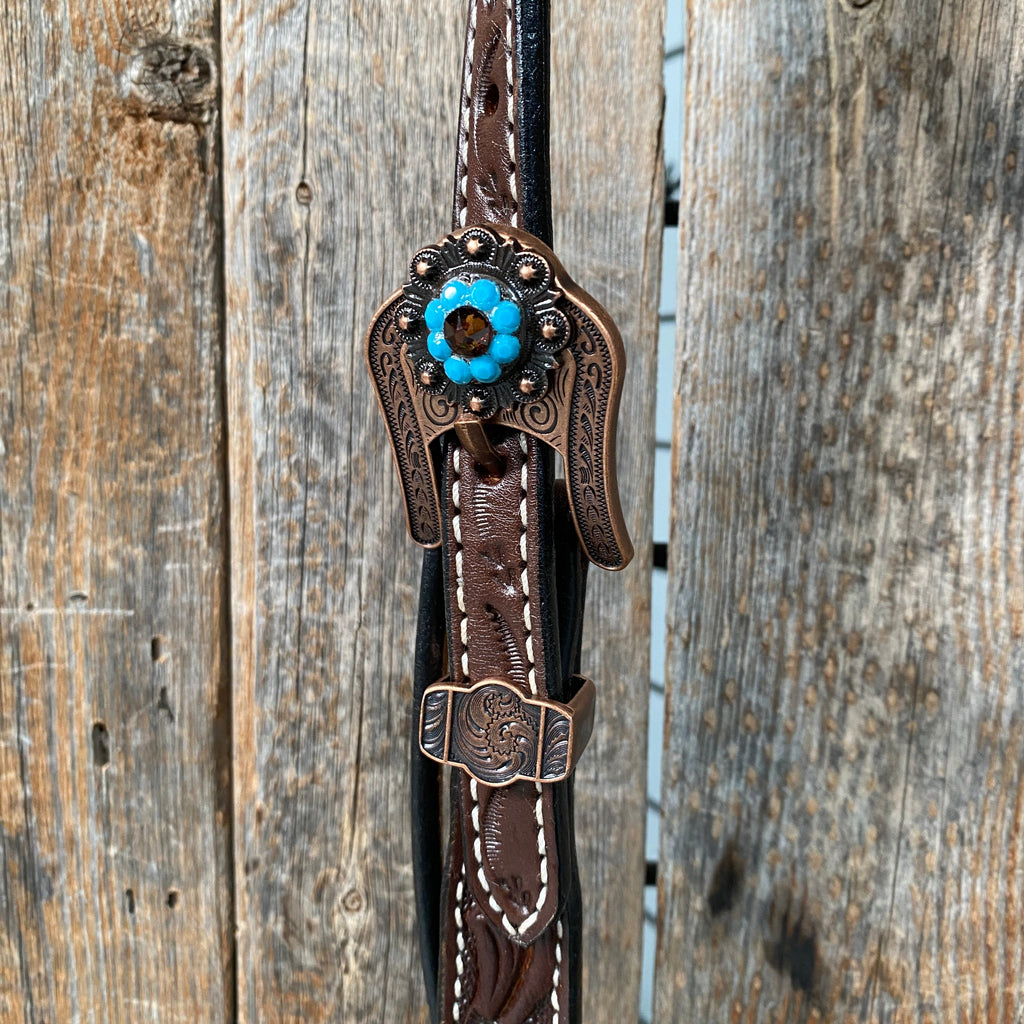 Dark Oil Floral Topaz & Turquoise Browband / Breastcollar Tack Set #BBBC592 — view 5