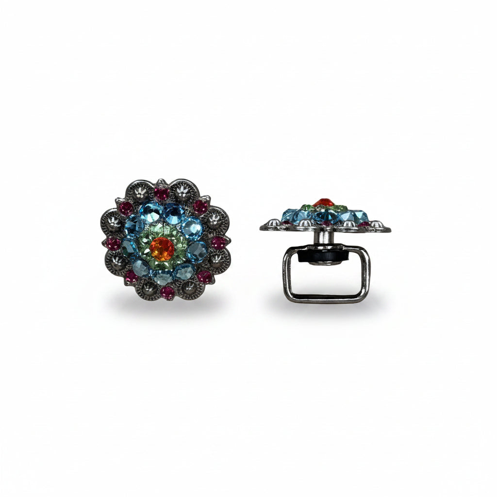 Antique Silver Tie Dye Crystal Conchos | Sizes 1"- 3" | Buckles | Saddle Set | Leather Rosettes | Slide — view 14