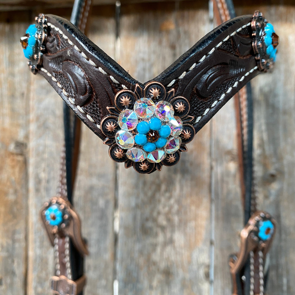 Dark Oil Floral Topaz & Turquoise Browband / Breastcollar Tack Set #BBBC592 — view 3