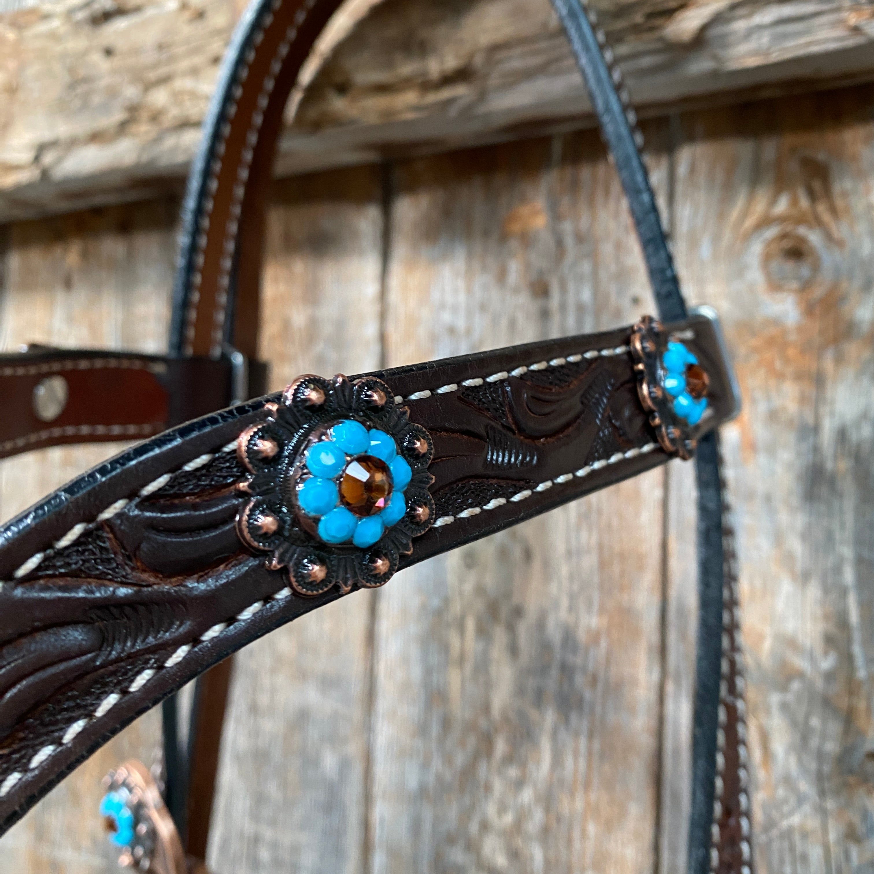 Dark Oil Floral Topaz & Turquoise Browband / Breastcollar Tack Set #BBBC592 — view 4