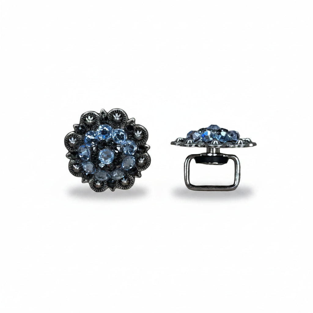 Antique Silver Light Sapphire - Jet Crystal Conchos | Sizes 1"- 3" | Buckles | Saddle Set | Leather Rosettes | Slide — view