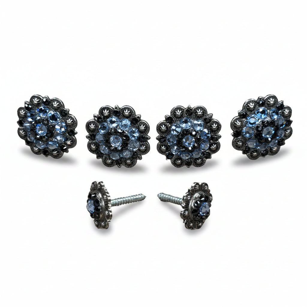 Antique Silver Light Sapphire - Jet Crystal Conchos | Sizes 1"- 3" | Buckles | Saddle Set | Leather Rosettes | Slide — view
