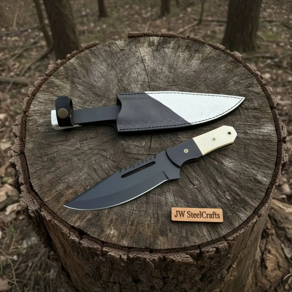 Straight Back Utility Knife 8” Blade Fixed Blade Filework Spine Bone Handle with Sheath