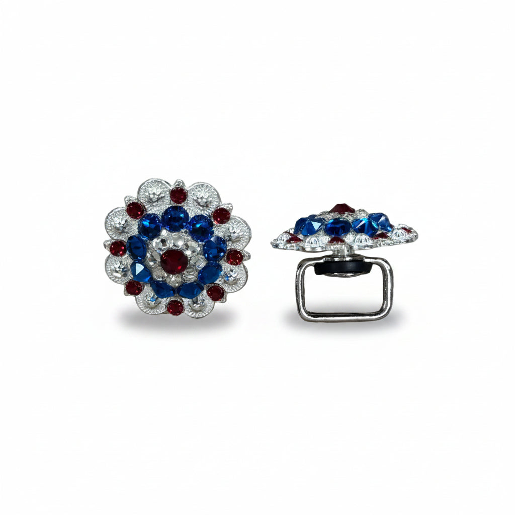 Bright Silver Red - White - Blue Crystal Conchos | Sizes 1"- 3" | Buckles | Saddle Set | Leather Rosettes | Slide — view 11