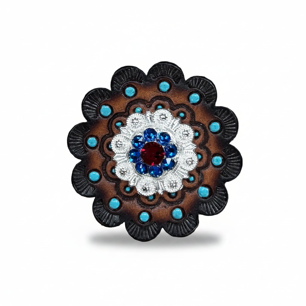 Bright Silver Red - White - Blue Crystal Conchos | Sizes 1"- 3" | Buckles | Saddle Set | Leather Rosettes | Slide — view 10