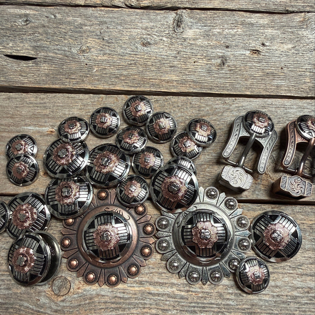 Antique Silver with Copper Flower Western Concho W217