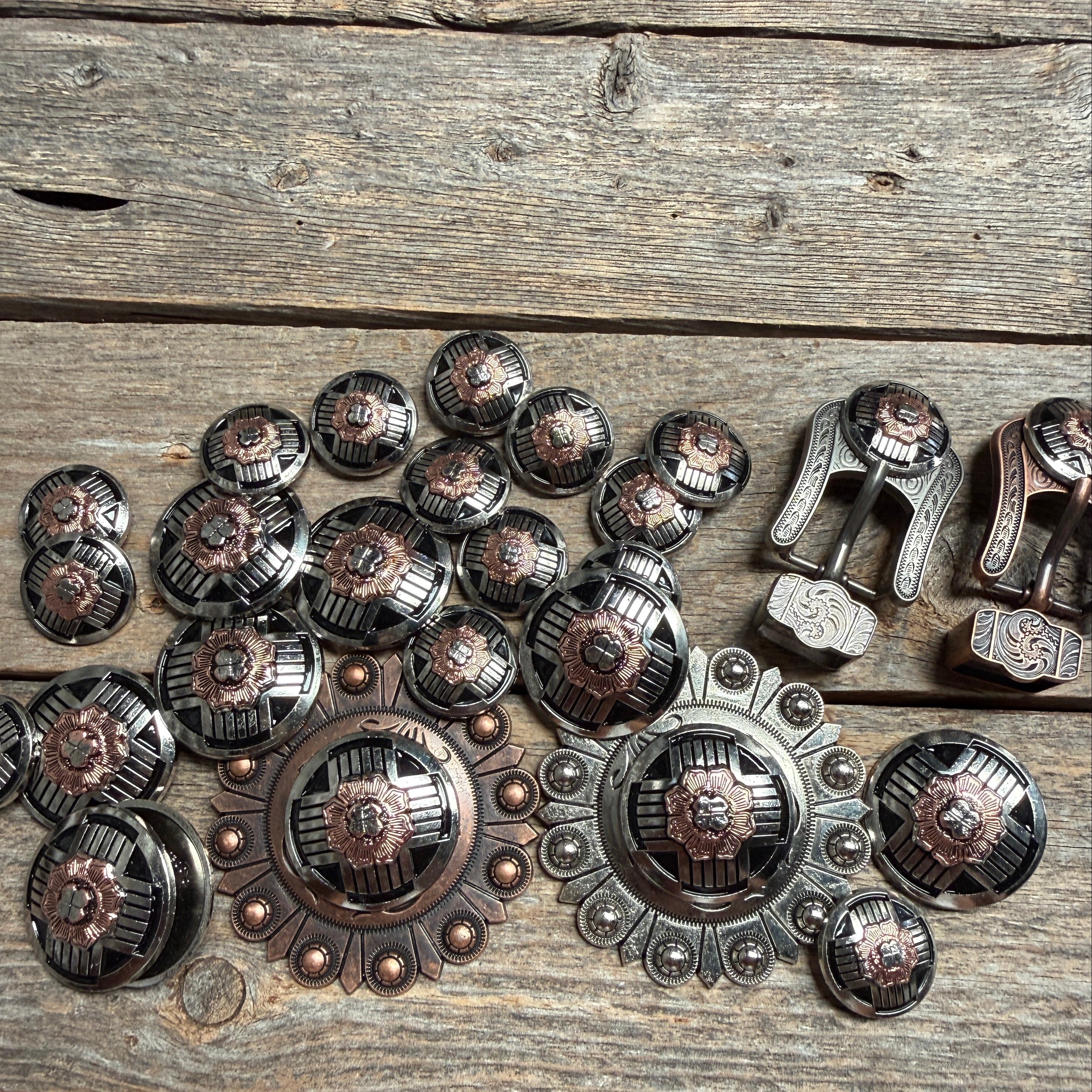 Antique Silver with Copper Flower Western Concho W217