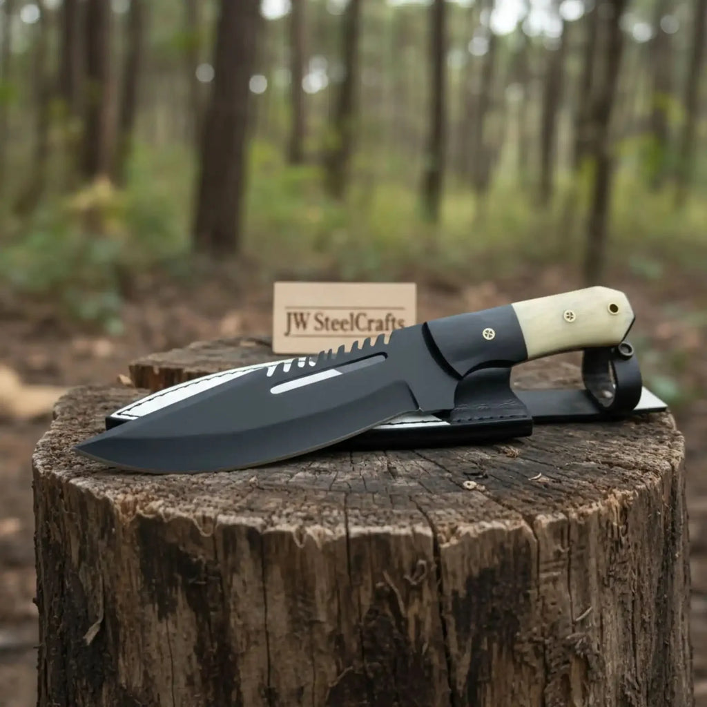 Straight Back Utility Knife 8” Blade Fixed Blade Filework Spine Bone Handle with Sheath