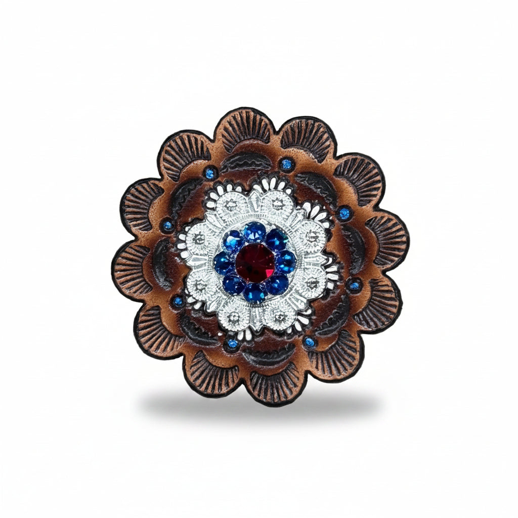 Bright Silver Red - White - Blue Crystal Conchos | Sizes 1"- 3" | Buckles | Saddle Set | Leather Rosettes | Slide — view 9