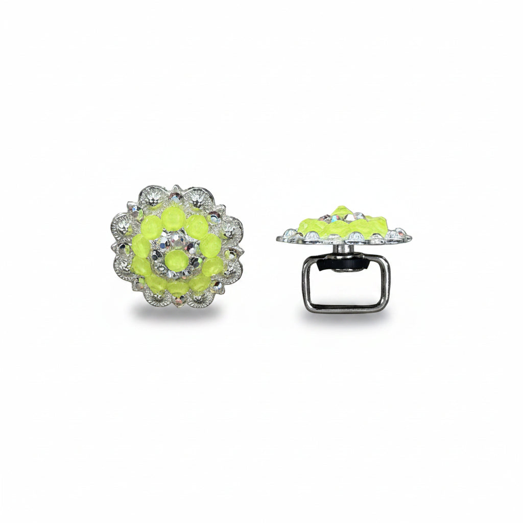 Bright Silver Neon Yellow - AB Crystal Conchos| Sizes 1"- 3" | Buckles | Saddle Set | Leather Rosettes | Slide — view 11