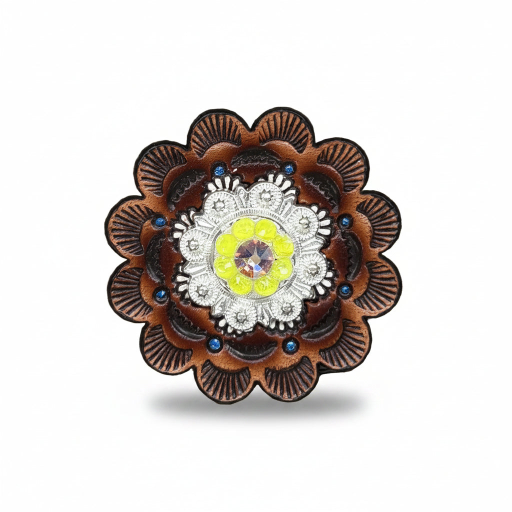 Bright Silver Neon Yellow - AB Crystal Conchos| Sizes 1"- 3" | Buckles | Saddle Set | Leather Rosettes | Slide — view 9