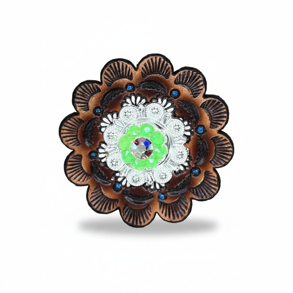 Bright Silver Neon Green - AB Crystal Conchos | Sizes 1"- 3" | Buckles | Saddle Set | Leather Rosettes | Slide — view 9