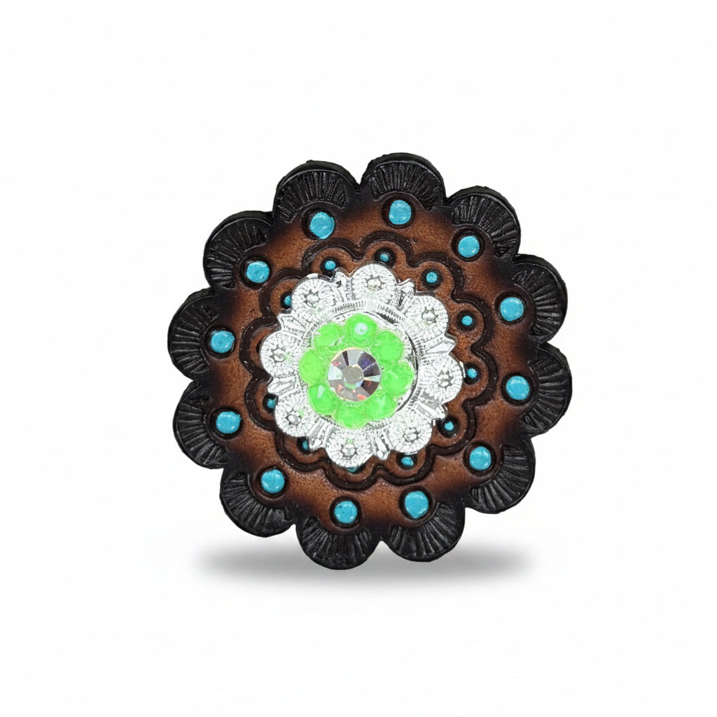 Bright Silver Neon Green - AB Crystal Conchos | Sizes 1"- 3" | Buckles | Saddle Set | Leather Rosettes | Slide — view 10