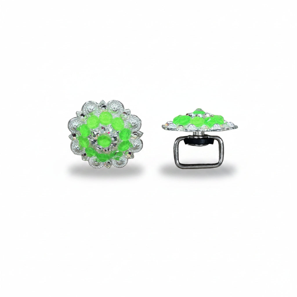 Bright Silver Neon Green - AB Crystal Conchos | Sizes 1"- 3" | Buckles | Saddle Set | Leather Rosettes | Slide — view 11