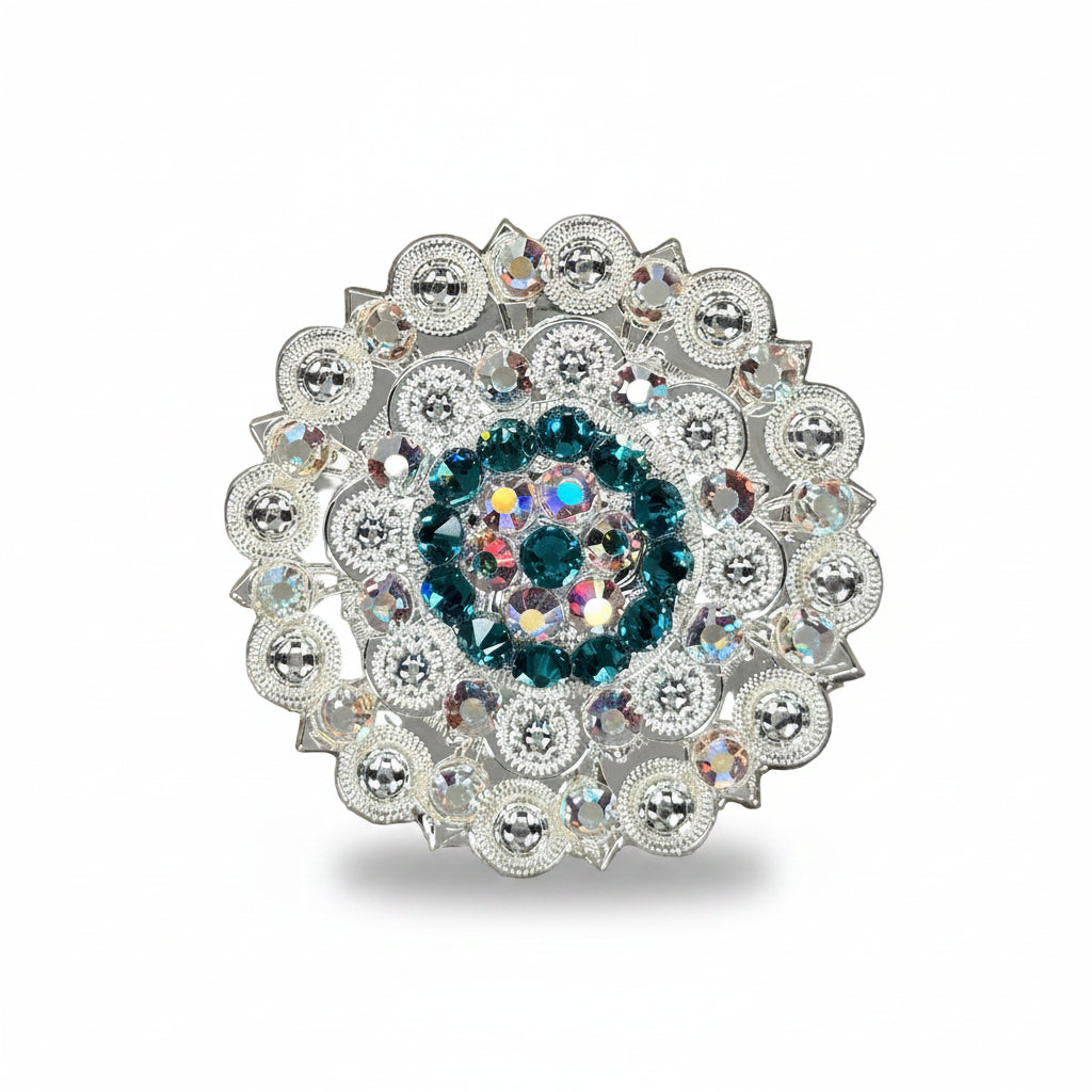 Bright Silver Teal - AB Crystal Conchos | Sizes 1"- 3" | Buckles | Saddle Set | Leather Rosettes | Slide — view 5
