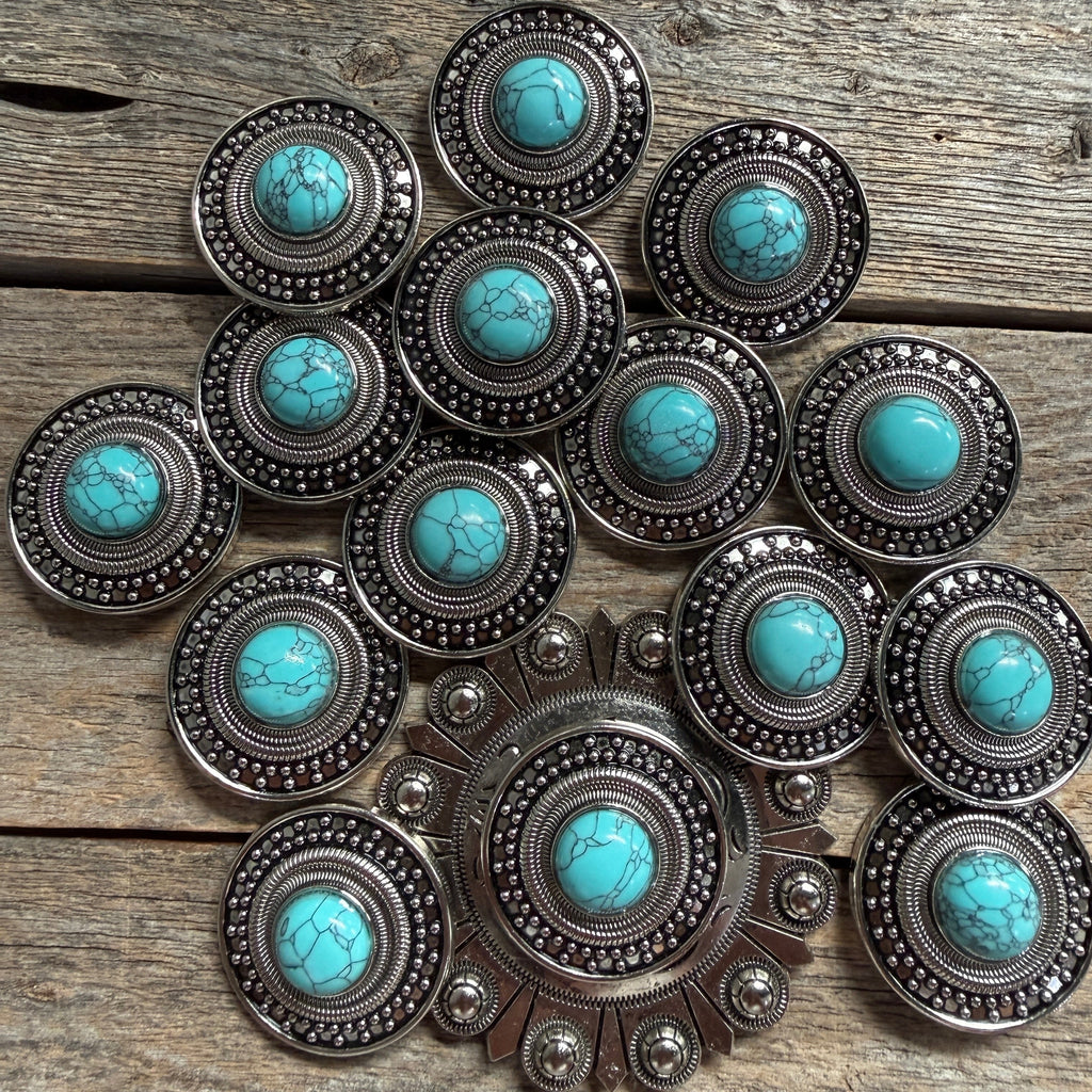 Antique Silver Turquoise Dot Western Concho W232