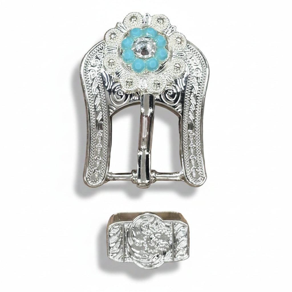 Bright Silver Turquoise - Clear Crystal Conchos | Sizes 1"- 3" | Buckles | Saddle Set | Leather Rosettes | Slide — view 6
