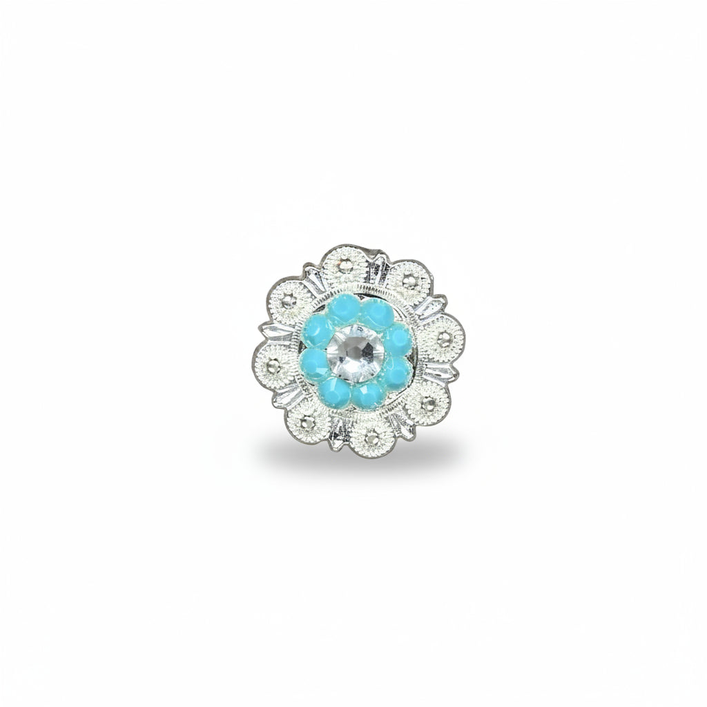Bright Silver Turquoise - Clear Crystal Conchos | Sizes 1"- 3" | Buckles | Saddle Set | Leather Rosettes | Slide — view 3