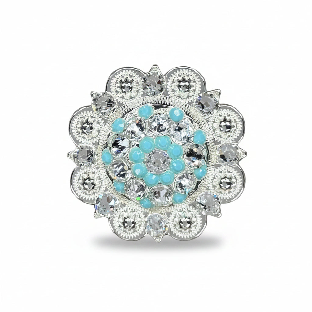 Bright Silver Turquoise - Clear Crystal Conchos | Sizes 1"- 3" | Buckles | Saddle Set | Leather Rosettes | Slide — view 4