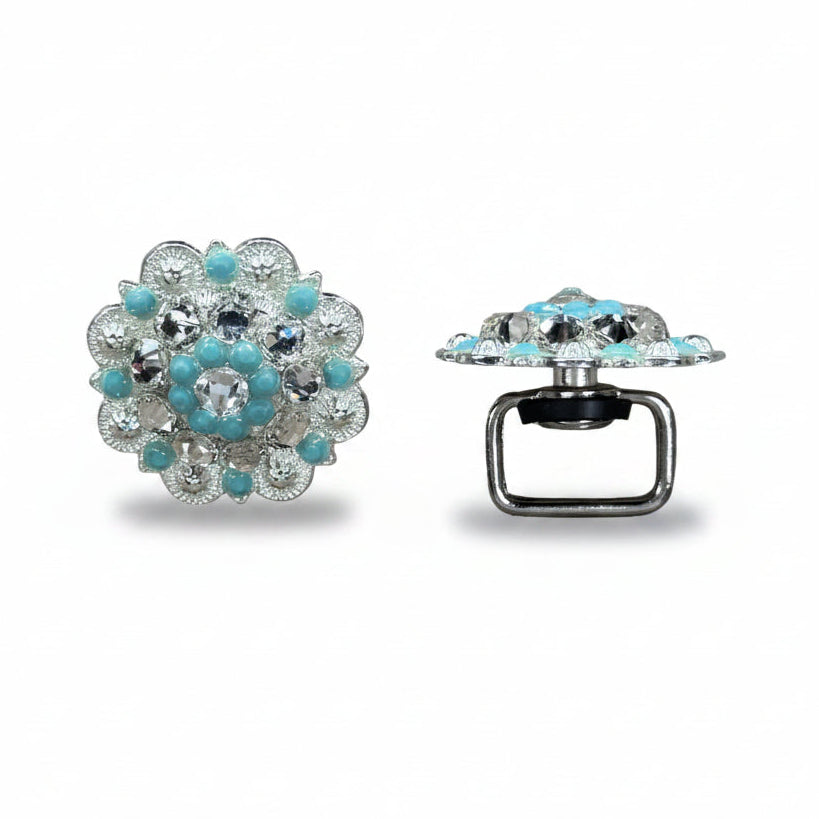 Bright Silver Turquoise - Clear Crystal Conchos | Sizes 1"- 3" | Buckles | Saddle Set | Leather Rosettes | Slide — view 11